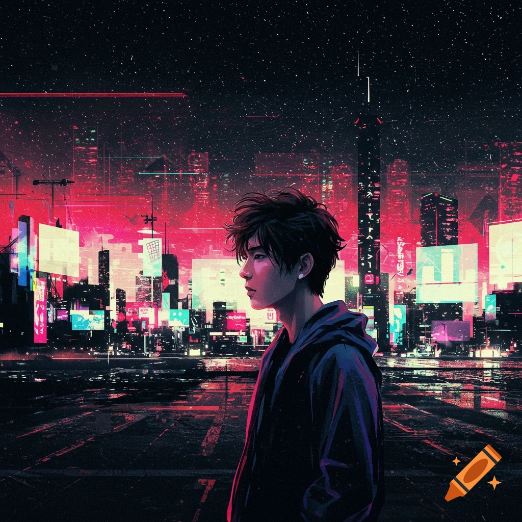 A person looks out over a neon-lit cyberpunk city at night in an anime style.