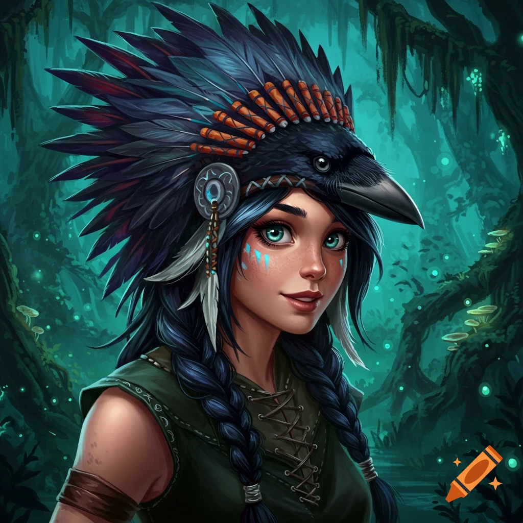 Fantasy portrait of a young woman with a crow headdress in a forest