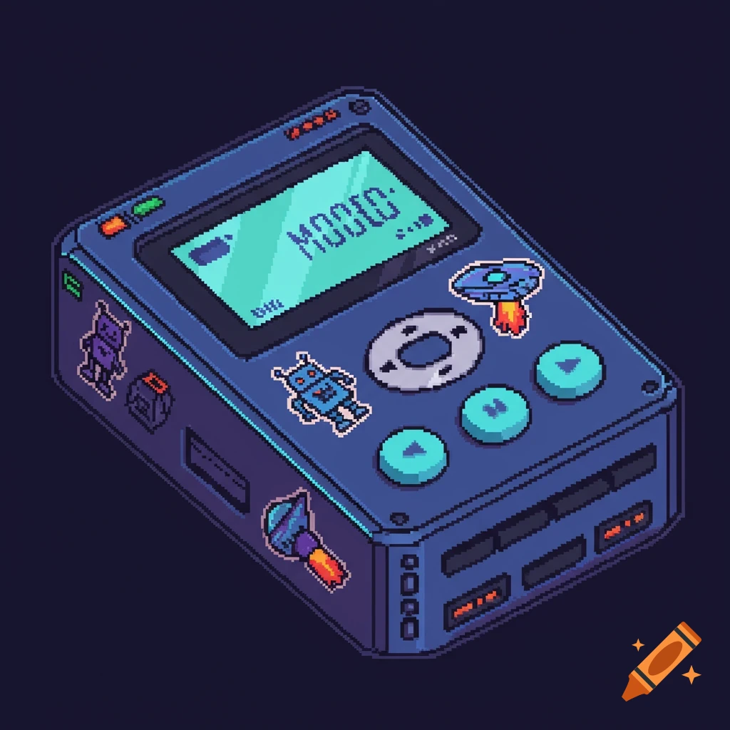 Pixel art blue MP3 player with robot and UFO stickers