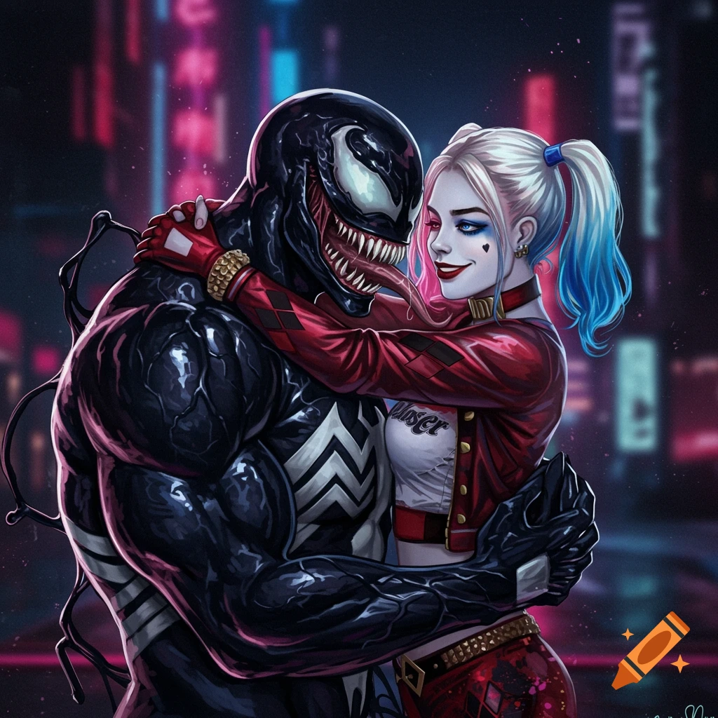 Harley Quinn and Venom embrace in a neon-lit cityscape.
