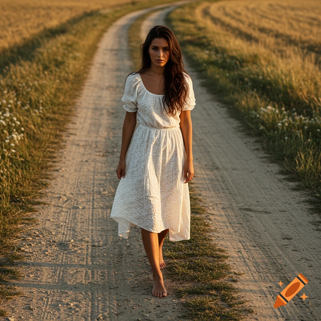 A young woman with long hair walks barefoot down a dirt road through a field at sunset.