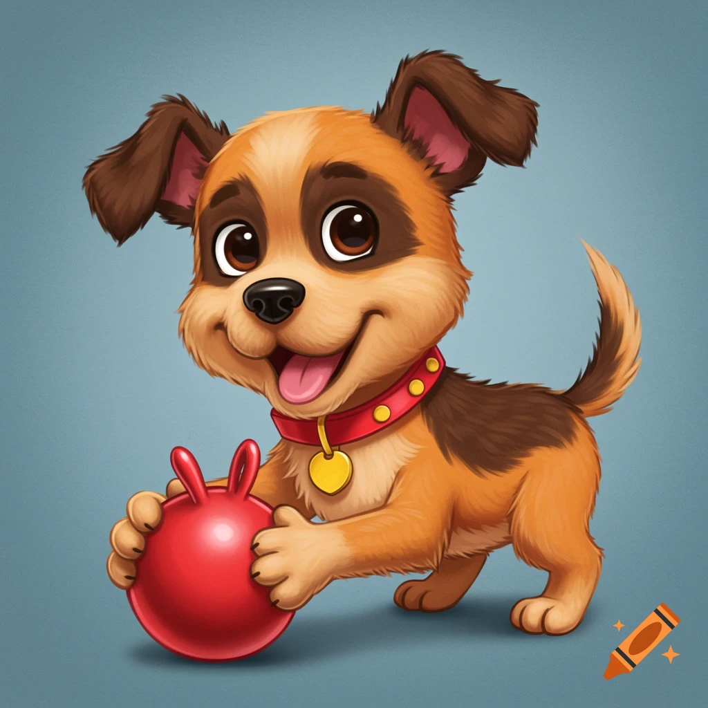A cartoon puppy with floppy ears plays with a red ball.