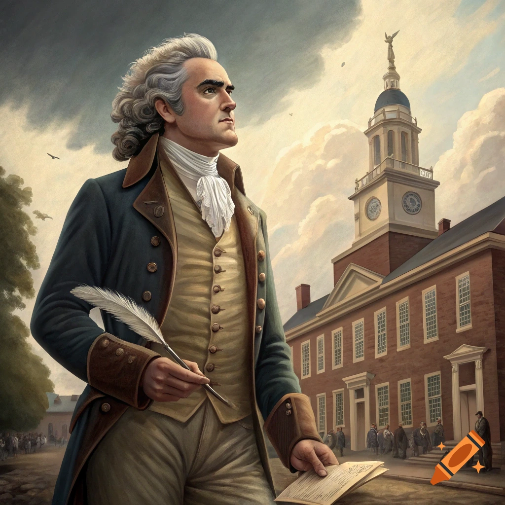 Man in 18th-century clothing holding quill and paper in front of a historical building.