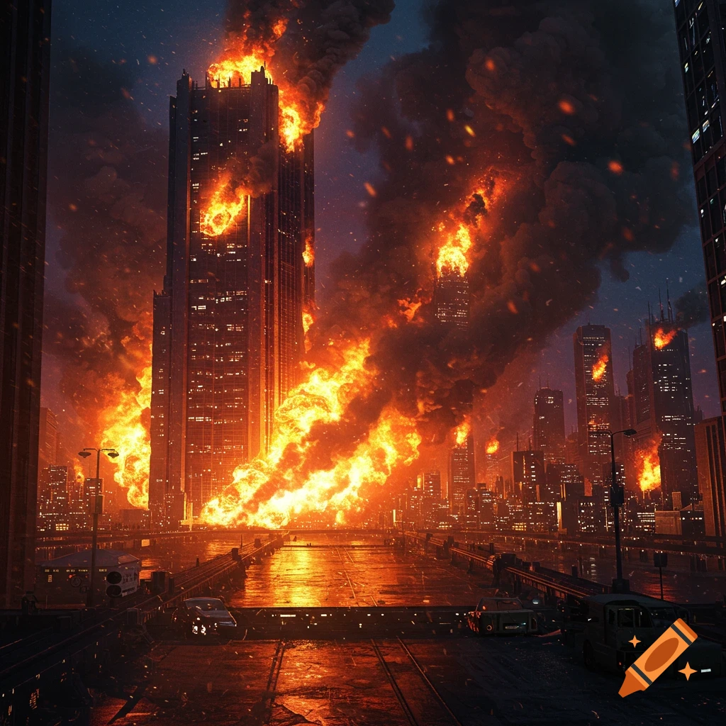 City at night with buildings on fire and heavy smoke