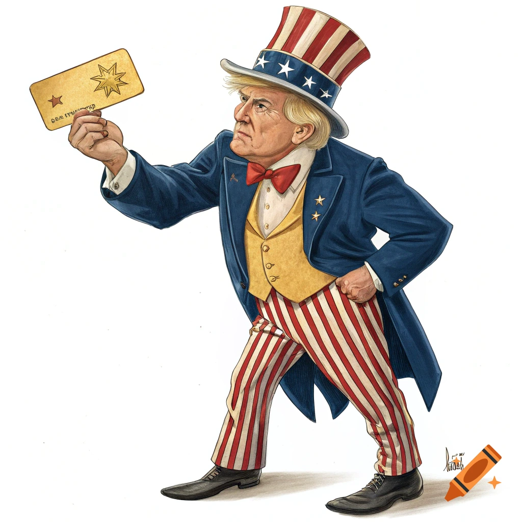 Caricature of Donald Trump dressed as Uncle Sam, holding a gold card