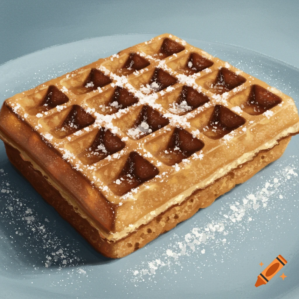 A waffle topped with powdered sugar on a blue plate.