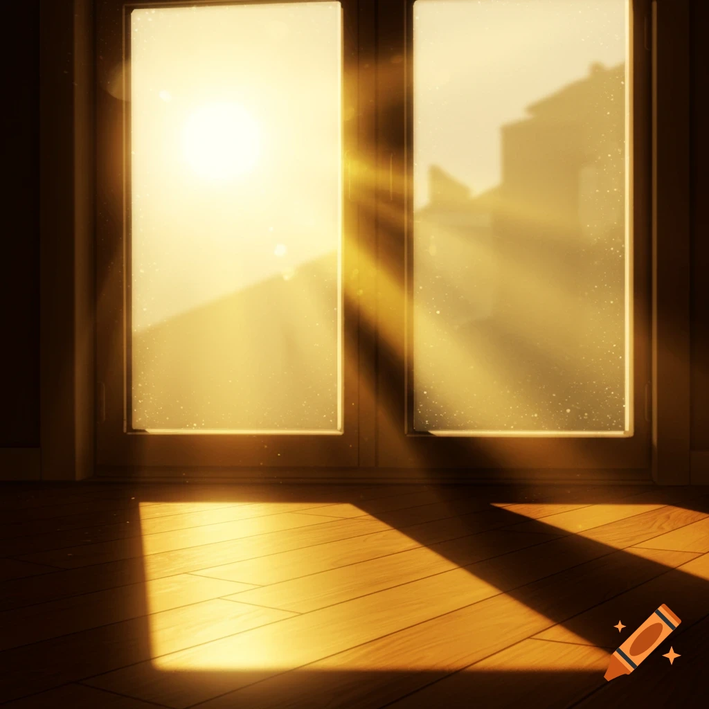Sunlight streams through tall windows onto a wooden floor, casting shadows and illuminating dust motes.