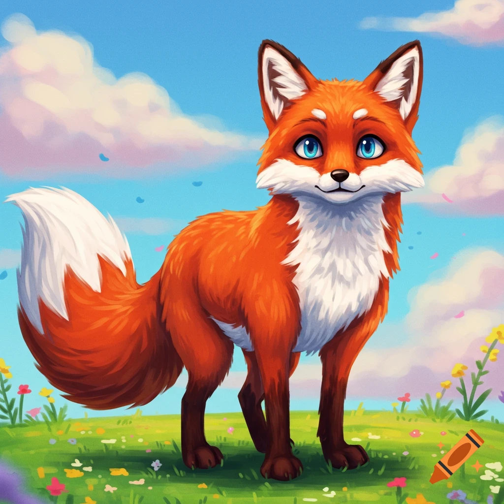 A cute, stylized red fox stands in a field of flowers.