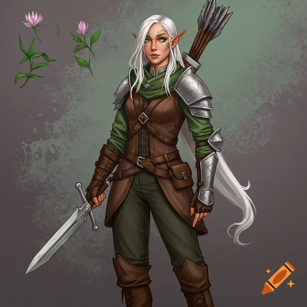 An elven female hunter with white hair, armor, sword, and quiver of arrows.