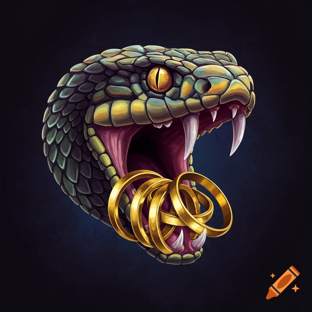 Snake head with fangs open wide, holding tangled golden rings in its mouth.