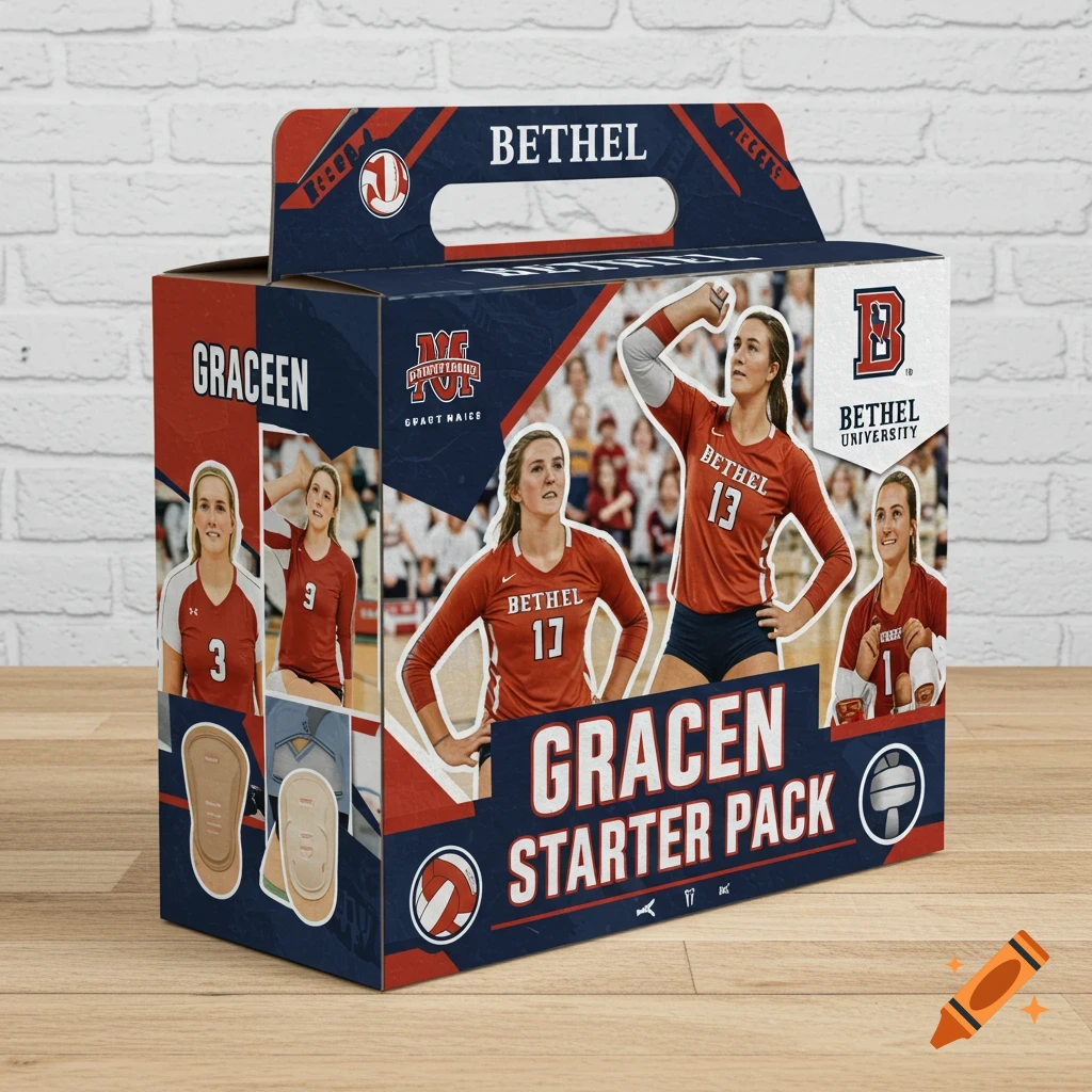 A box labeled 'Gracen Starter Pack' for Bethel volleyball players, featuring images of players in red uniforms and volleyball gear.