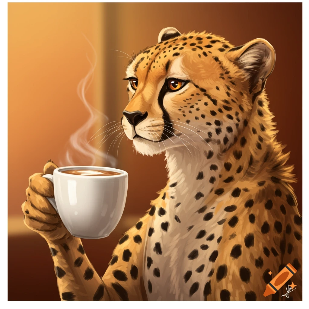A cheetah holding and drinking from a coffee cup