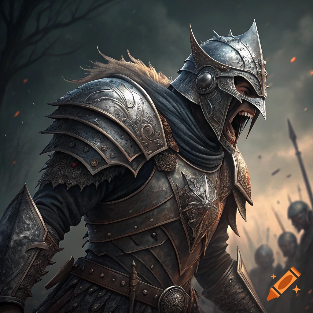 Close-up of an angry fantasy warrior in ornate armor yelling during battle.