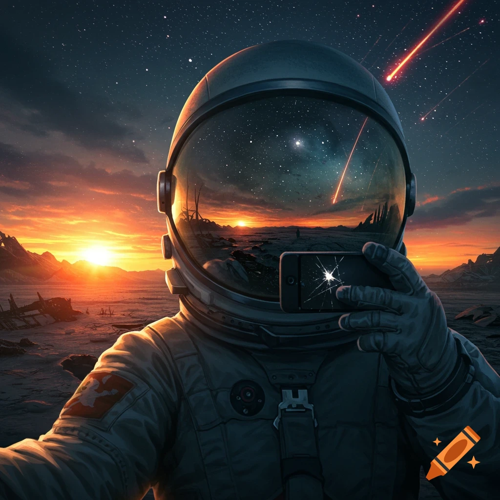 Astronaut takes a selfie showing a sunset, meteor shower in helmet reflection, and a cracked phone screen on a desolate landscape.