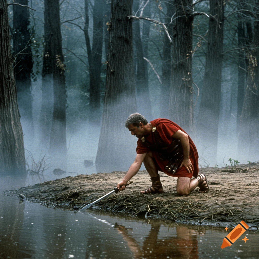 Roman senator kneels by misty swamp river, touching sword to water, in a forest scene.