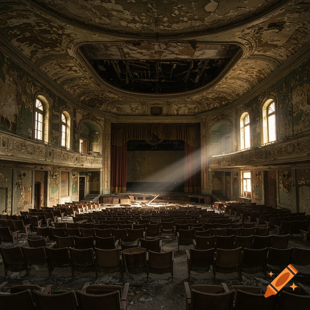 Abandoned theater interior with dusty seats, dilapidated stage, and sunlight.