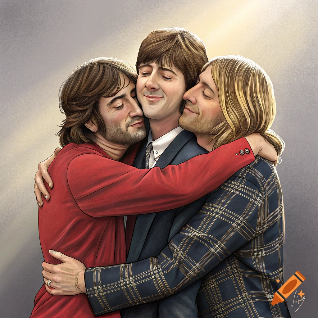 Illustration of John Lennon, Paul McCartney, and Kurt Cobain hugging