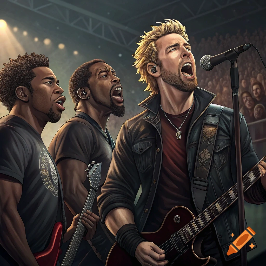 A rock band with three Black members performing on stage, one singing and playing guitar, two others playing guitar.