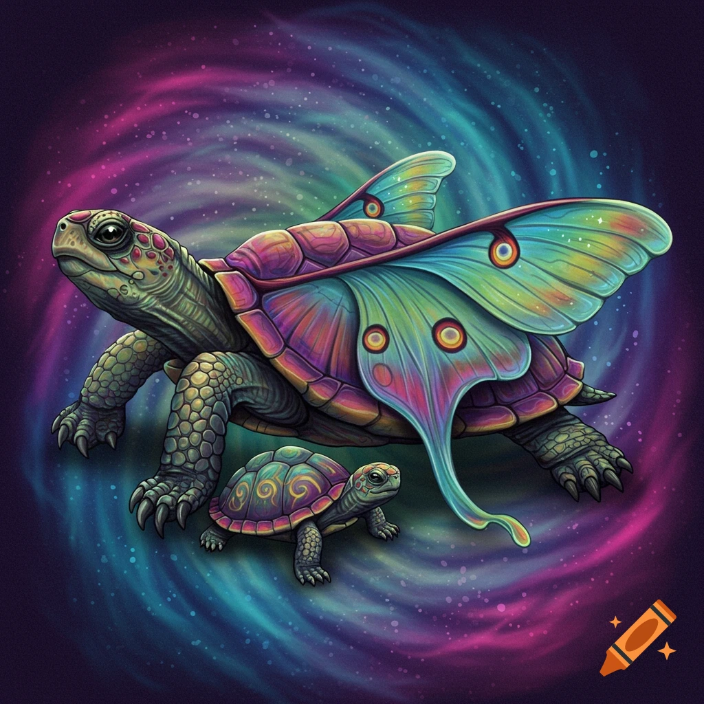 A large fantasy turtle with colorful moth wings and a baby turtle against a swirling galaxy background.