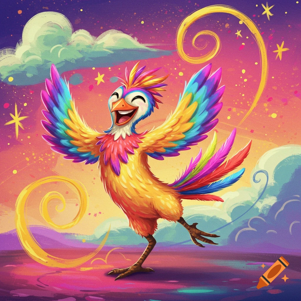 A joyful, rainbow-colored cartoon bird with outstretched wings dances in a vibrant, starry landscape.