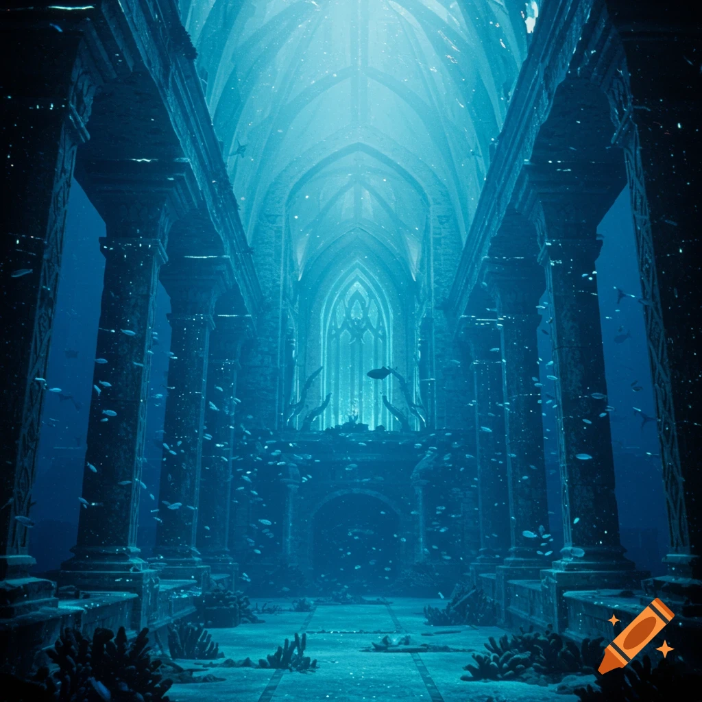 Underwater ruins of a classical and futuristic temple or cathedral with fish swimming.
