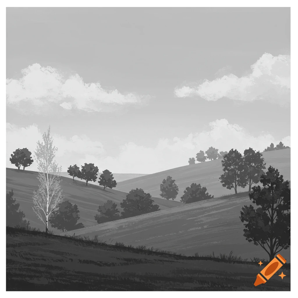 A black and white hilly landscape with trees and clouds.