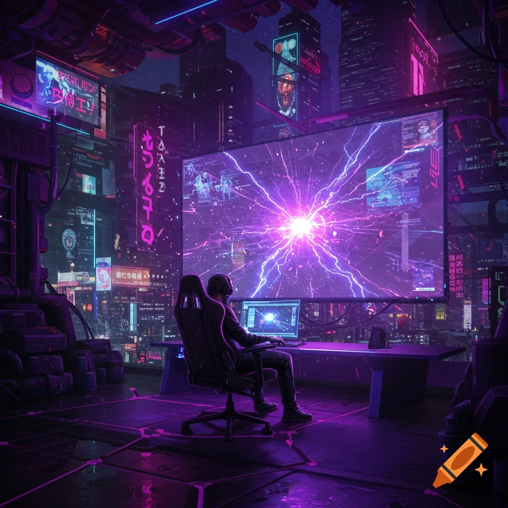 A person in a gaming chair watches a large screen displaying purple energy in a futuristic, neon-lit cyberpunk room.