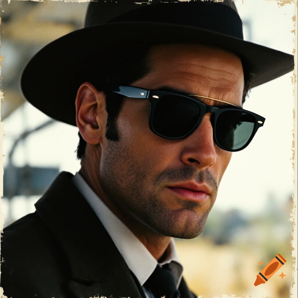 Close-up portrait of a man in a hat, sunglasses, suit jacket, and tie.
