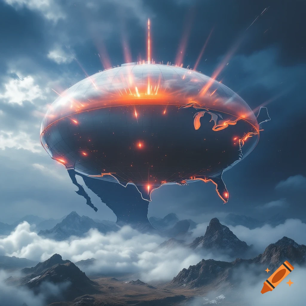 A futuristic dome covers the shape of the United States, emitting glowing energy beams. Mountains and clouds are visible around the dome.