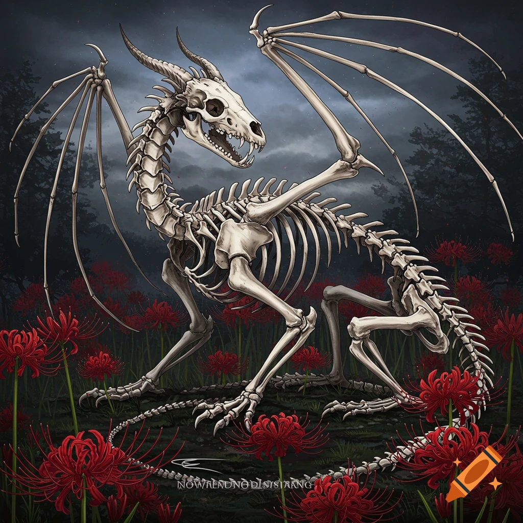 A skeleton dragon sitting in a field of red spider lilies with a dark forest background and stormy sky.