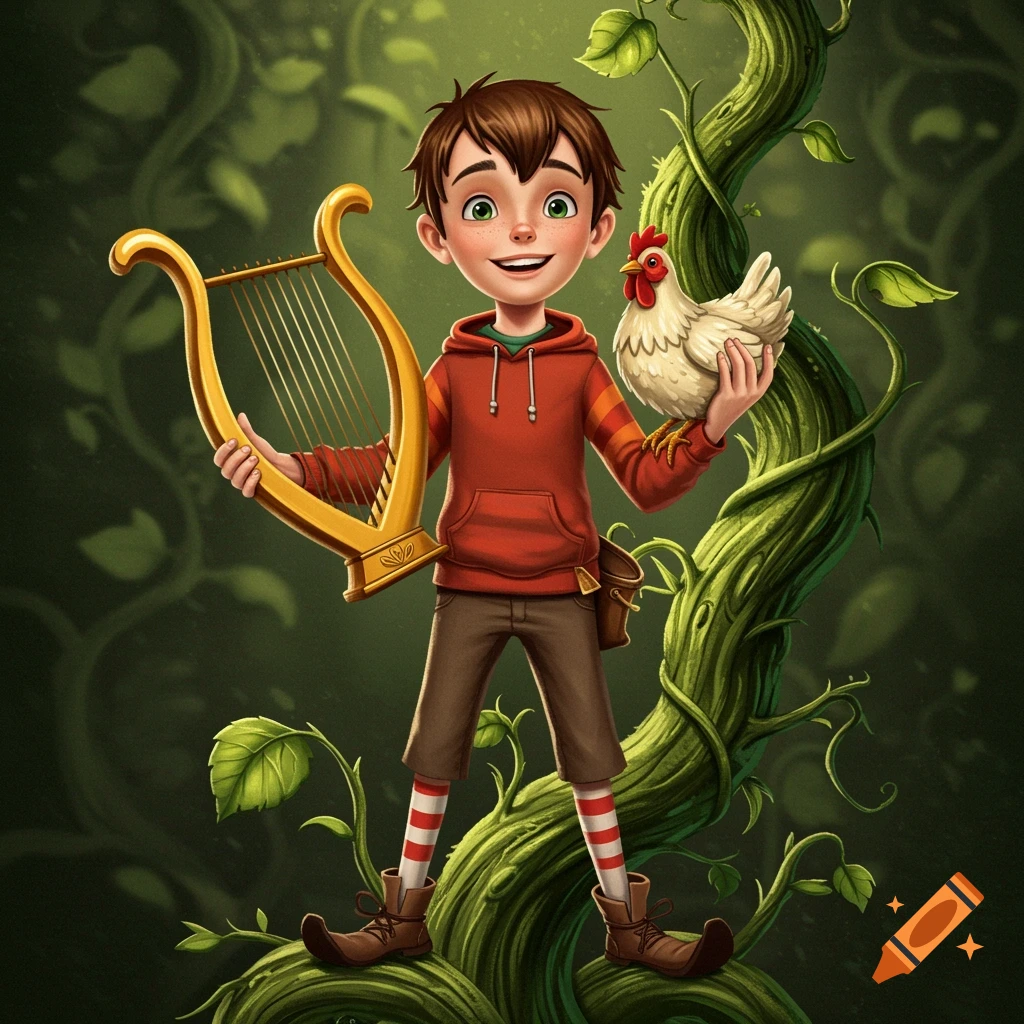 Illustration of a boy holding a golden harp and a white chicken, standing on a beanstalk.