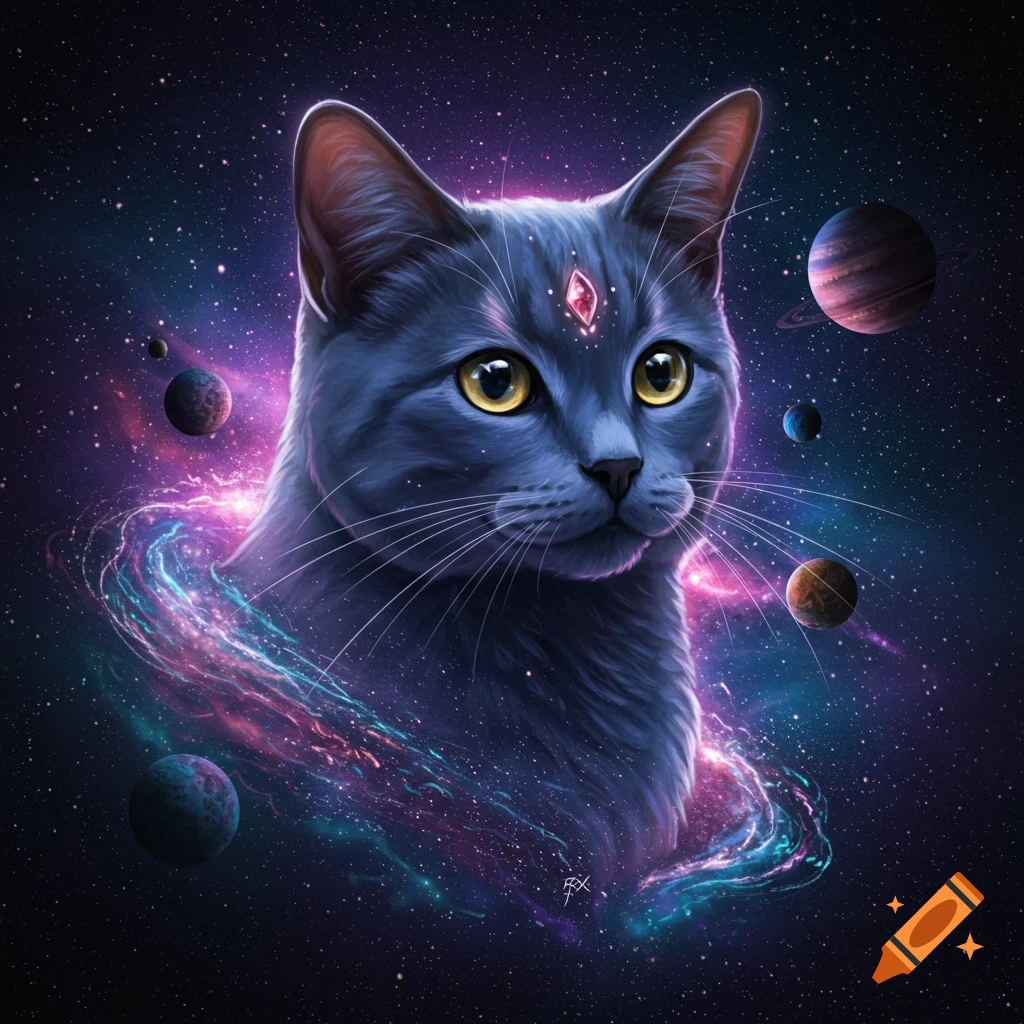 A cat's head is surrounded by galaxies and planets in space.