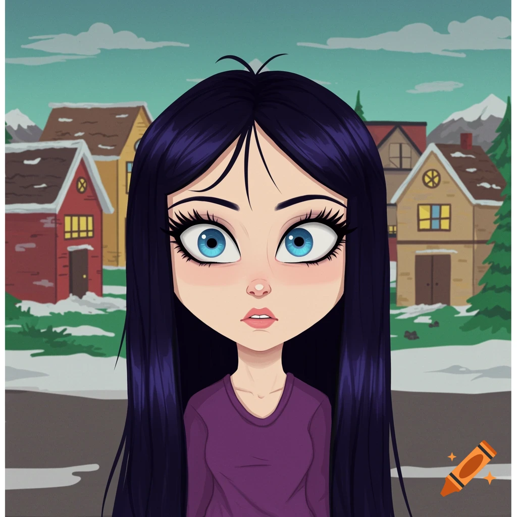 South Park style cartoon portrait of a girl with long dark hair and blue eyes.
