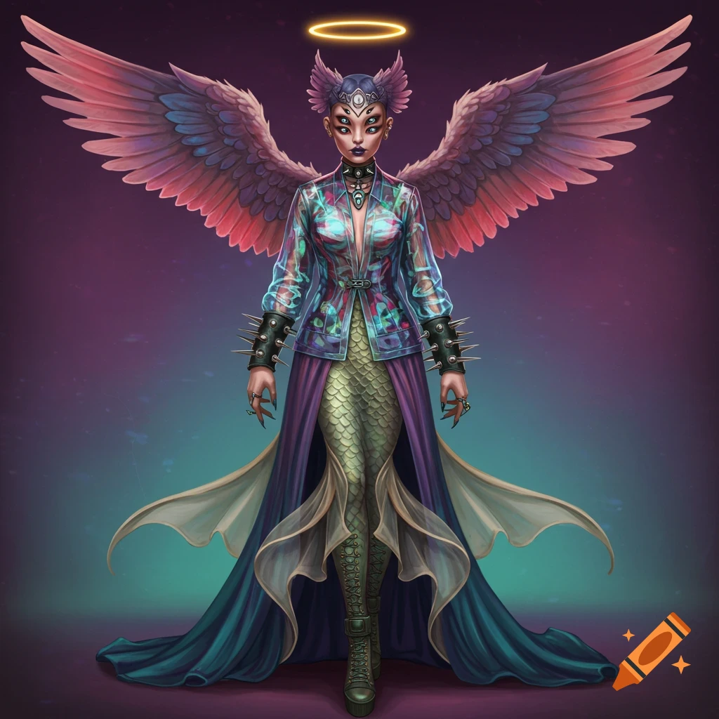 A fantasy character with wings, a halo, multiple eyes, a transparent jacket, and scaled legs.