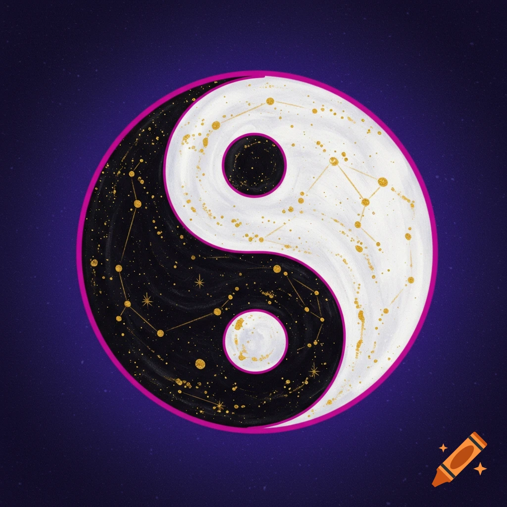 A black and white yin yang symbol filled with gold constellations and glitter, against a dark blue starry background.