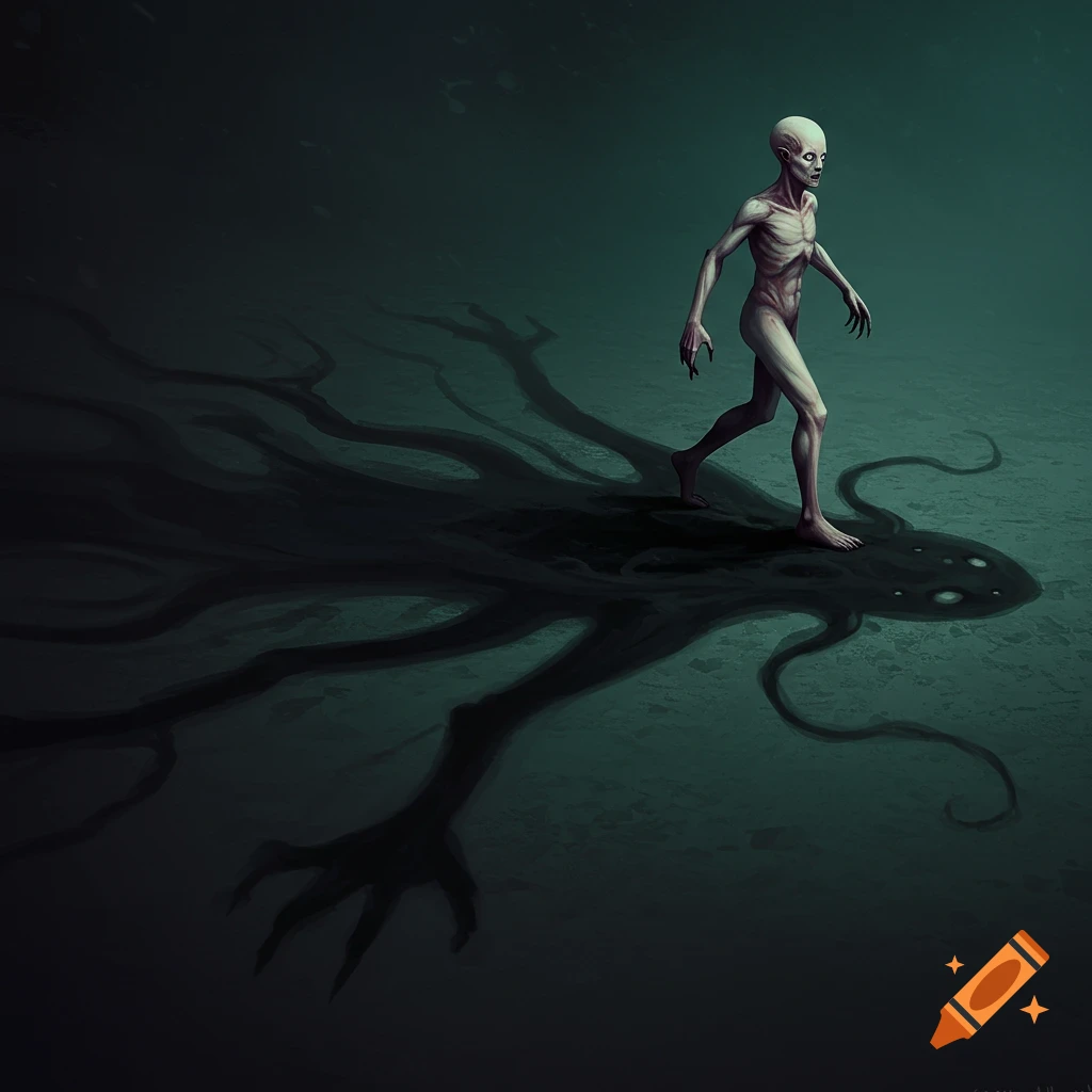 A gaunt, eldritch humanoid figure steps forward, casting a large, multi-limbed shadow with eyes on the ground.