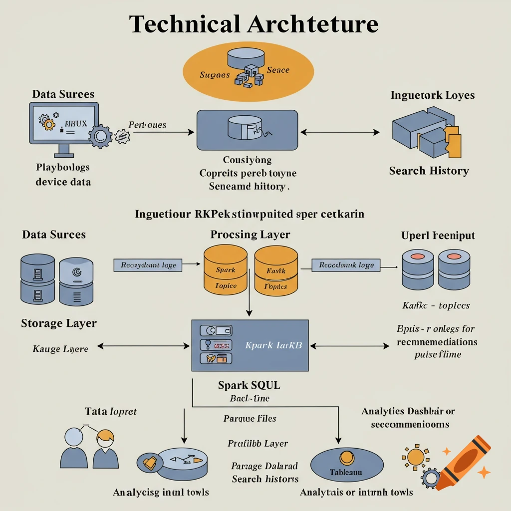 Hand-drawn 2D technical architecture diagram featuring data sources ...