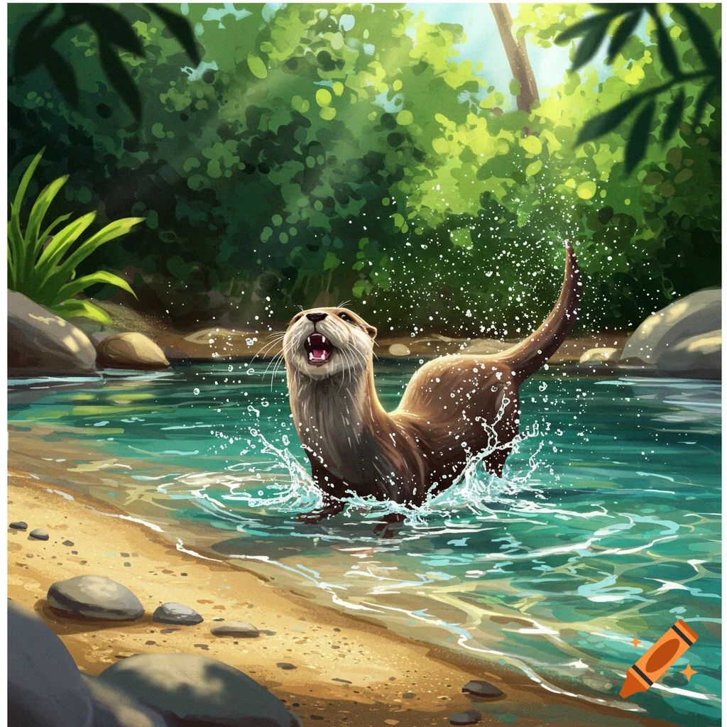 An otter splashing in a river.
