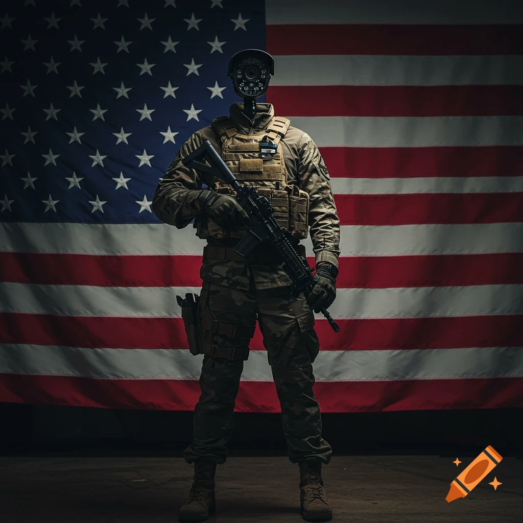 A figure with a camera for a head in military gear stands before an American flag.