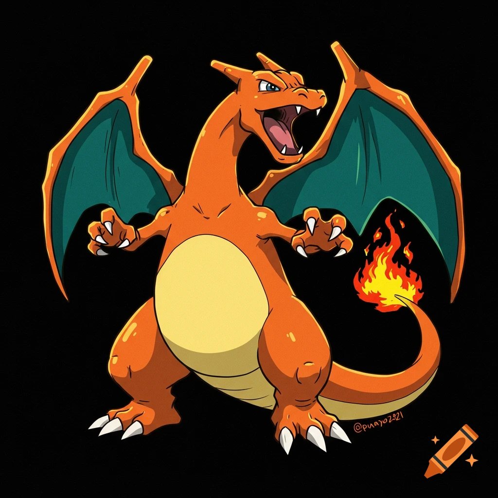 Drawing of Charizard on a black background.