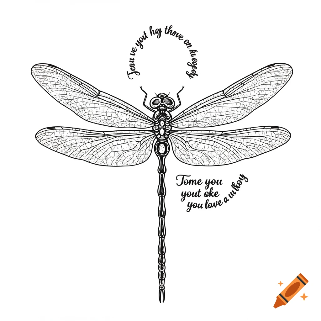Black and white line drawing of a dragonfly with curved text.