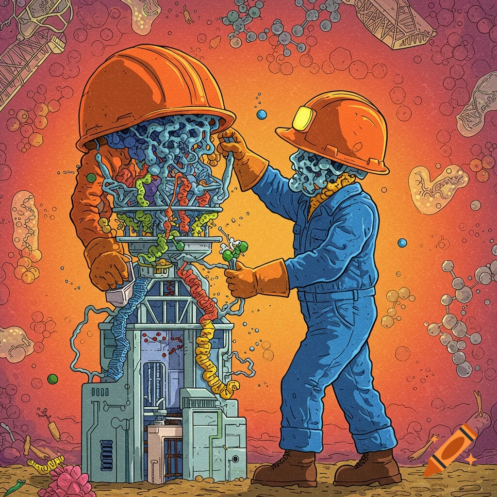 Two stylized construction workers with abstract bodies work on a machine in a colorful illustration.