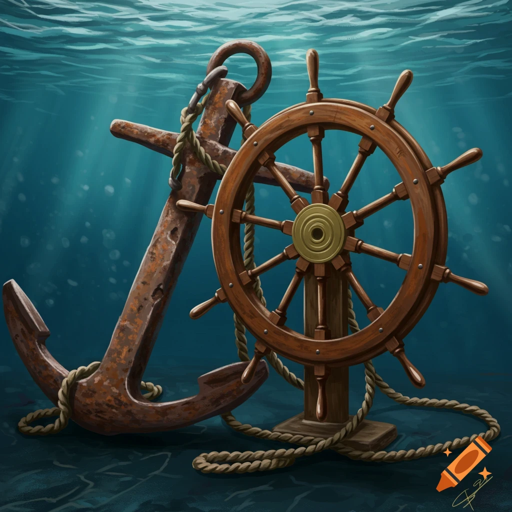 A rusty anchor and a wooden ship's steering wheel on the seabed.