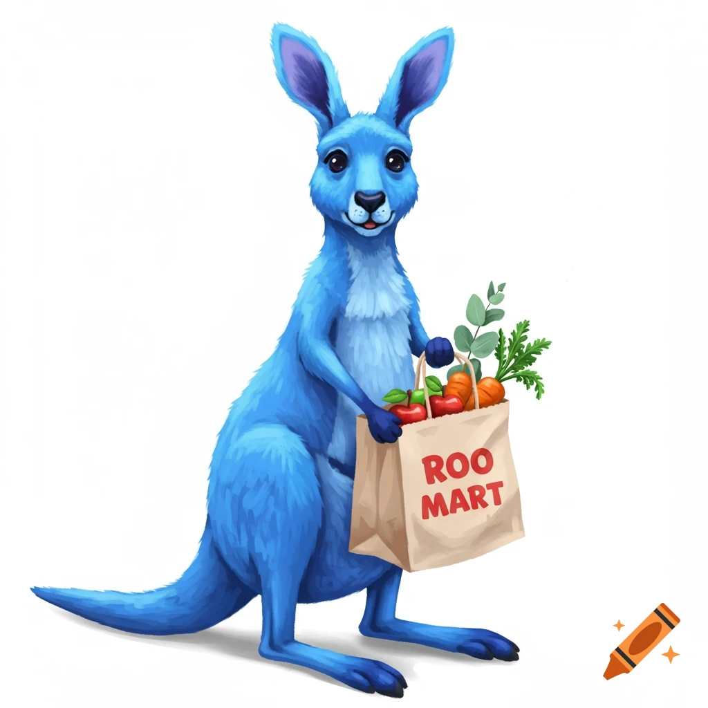 A blue kangaroo is holding a shopping bag labeled "ROO MART" filled with groceries.