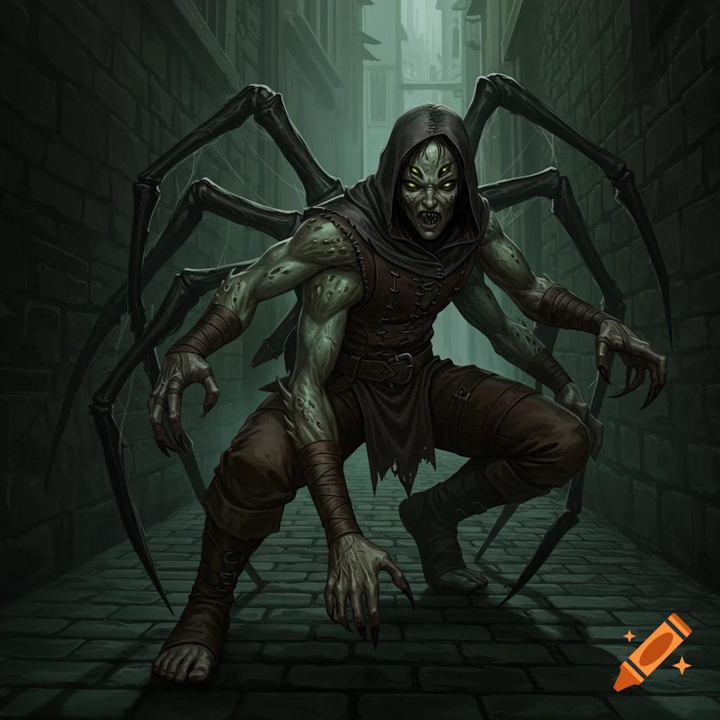 A fantasy illustration of a multi-limbed human-spider creature in a dark alley.