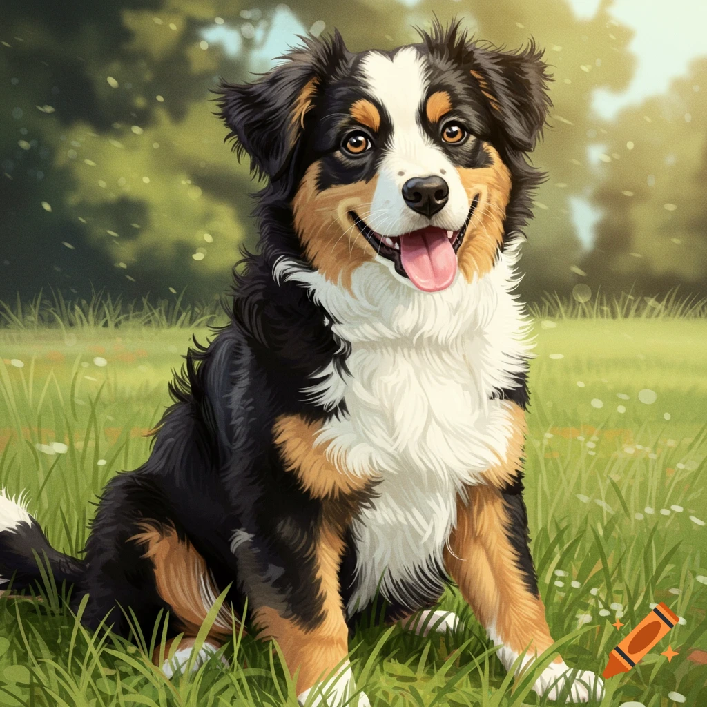 A tri-color puppy sits in green grass.