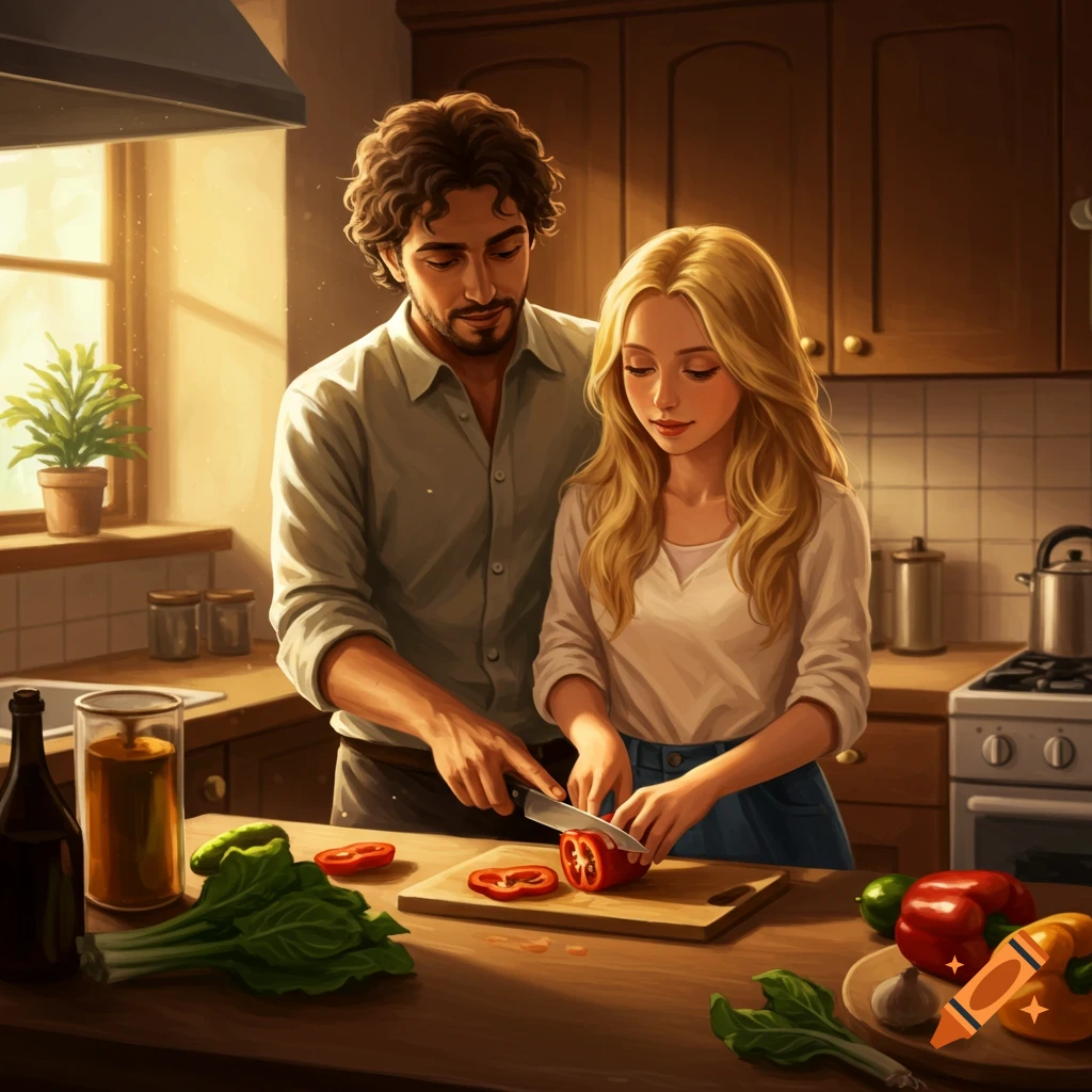 A man standing behind a woman guiding her hand to cut vegetables in a kitchen.