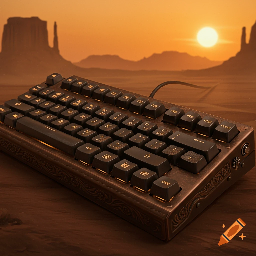 A western-themed keyboard sits on a surface in a desert landscape at sunset.