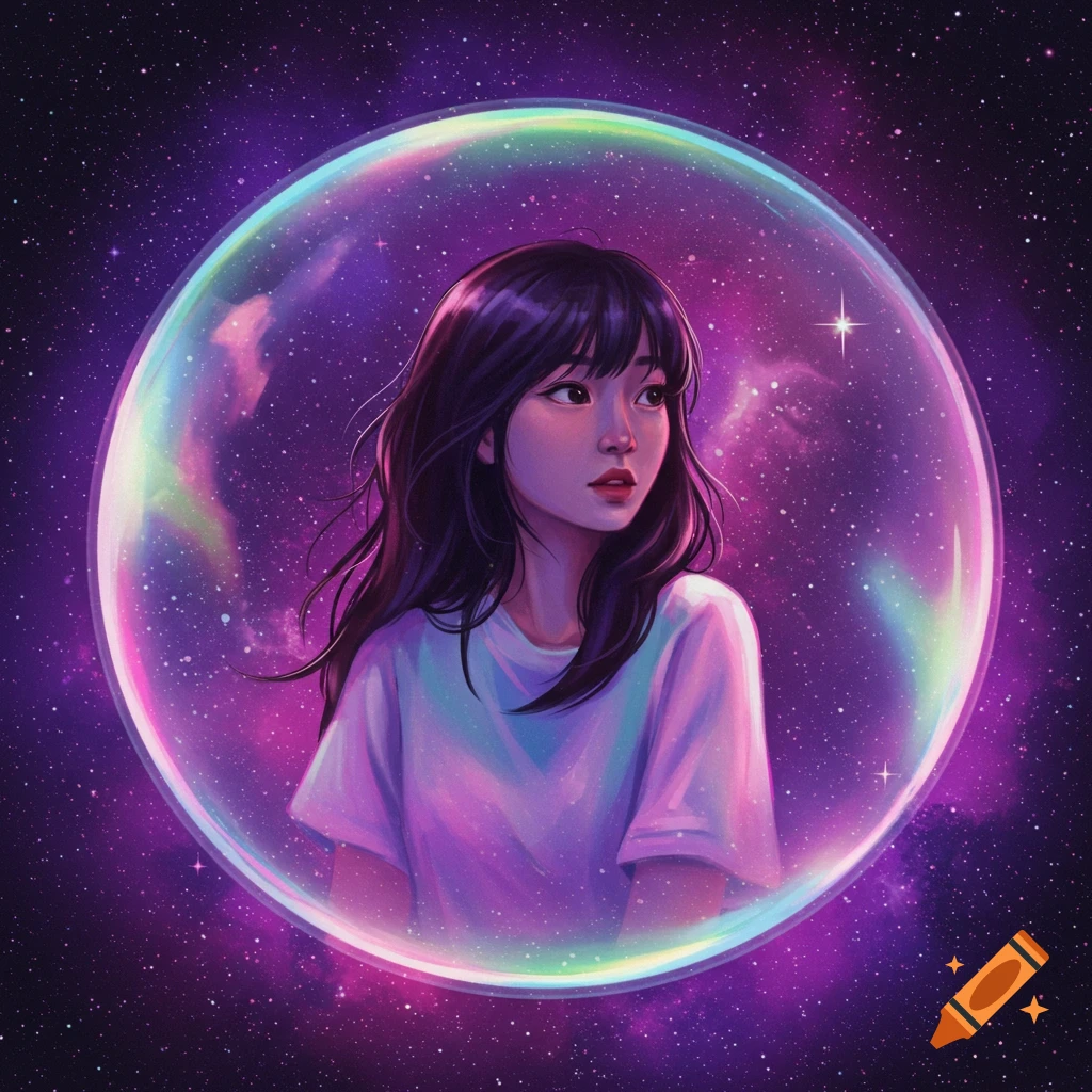 A person inside a reflective bubble against a space galaxy background