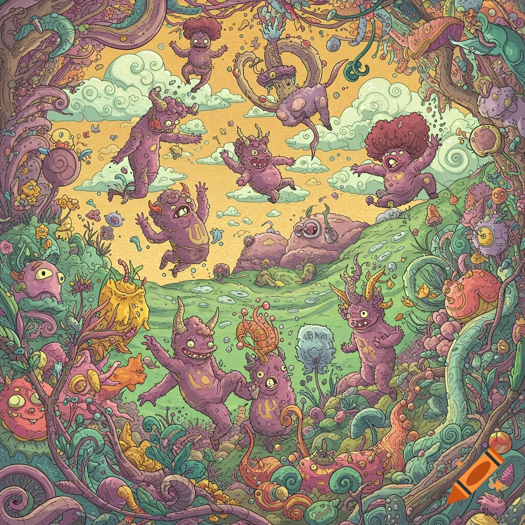 Colorful illustration of many purple cartoon monsters playing in a vibrant fantasy landscape with strange plants.